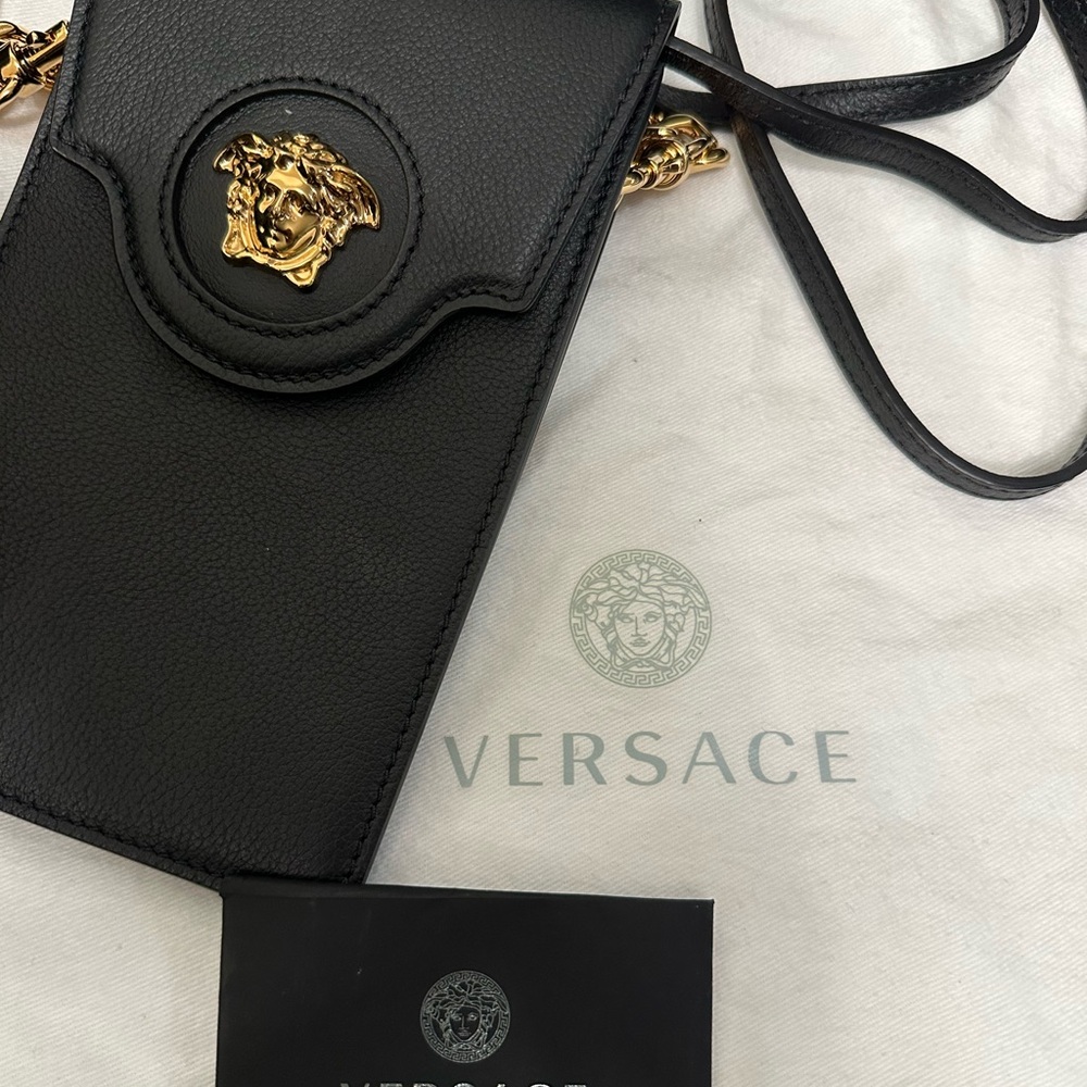 Versace Black and Gold Leather Crossbody with Dust Bag